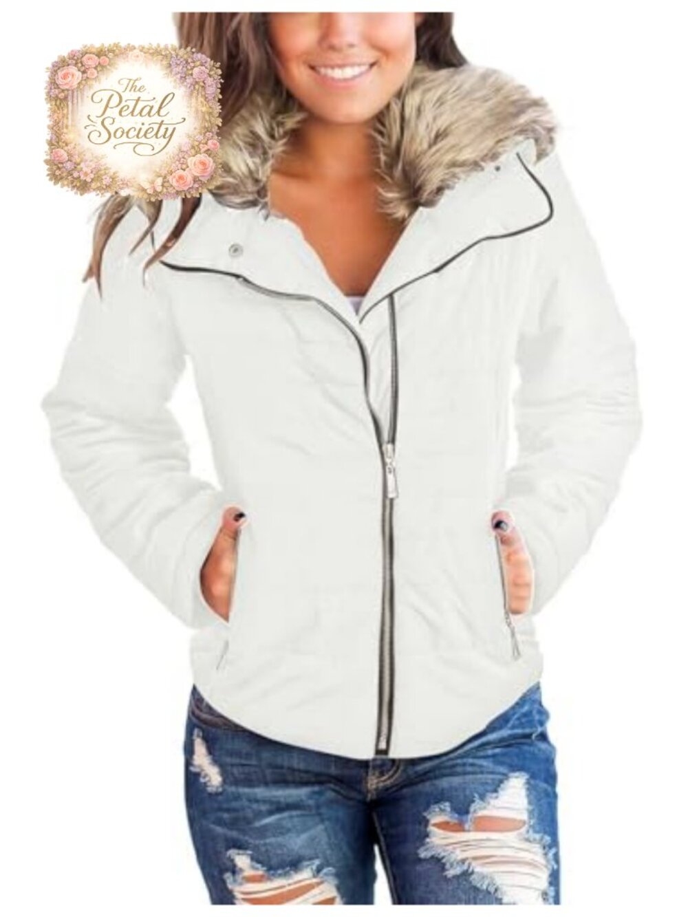 Faux Fur Trim Quilted Puffer Parka Coat Zip Pockets